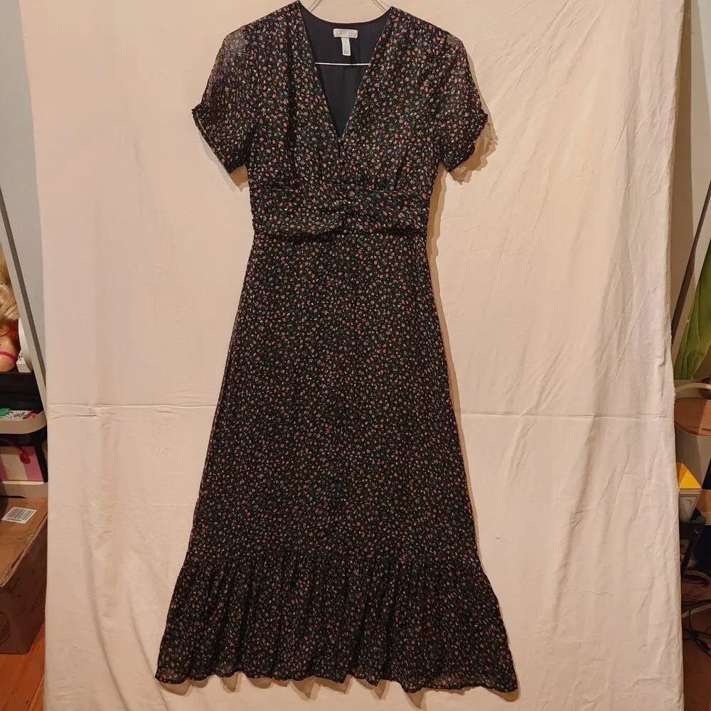 Leith Sz Medium Black Dark Romantic Floral Midi Dress Feminine Date Formal - Picture 8 of 8
